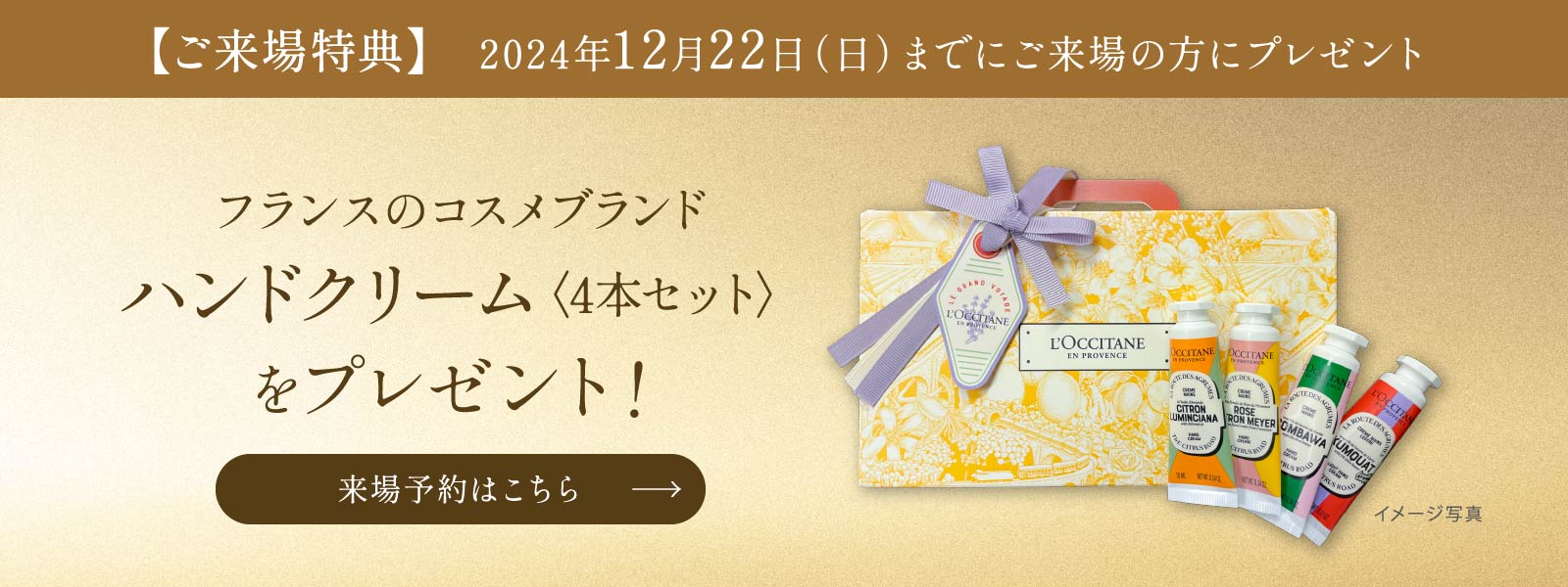 ご来場キャンペーン／期間中にご来場の方にフランスのオーガニックコスメプレゼント／〈キャンペーン期間〉2024年12月22日（日）まで